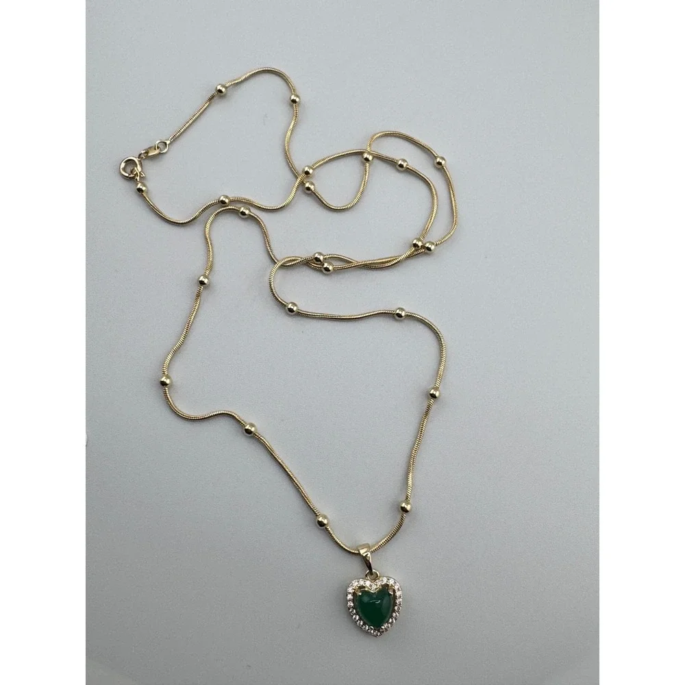 14K Gold Plated Heart Green Stone Halo‎ Pendant Necklace Snake Chain with Beads
